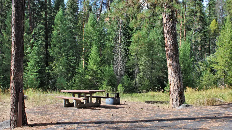 Paved drive way with adjacent picnic table and grill.