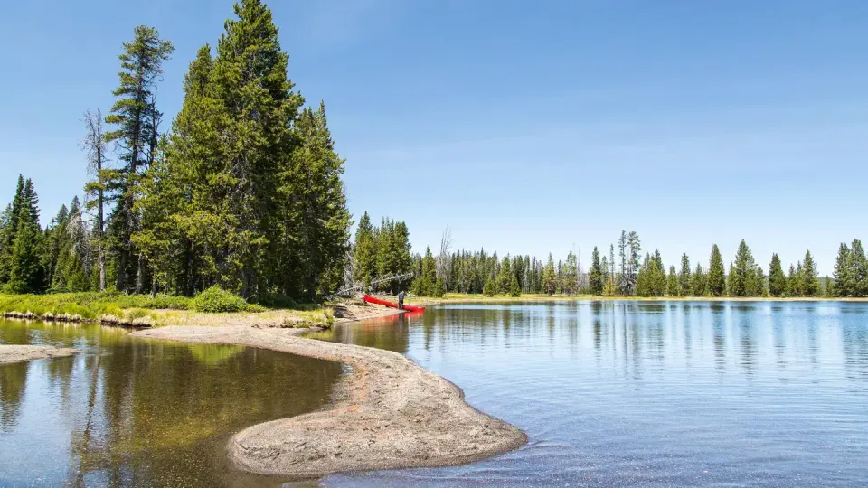 A red canoe and paddler pulled up on the beach at Lewis Lake